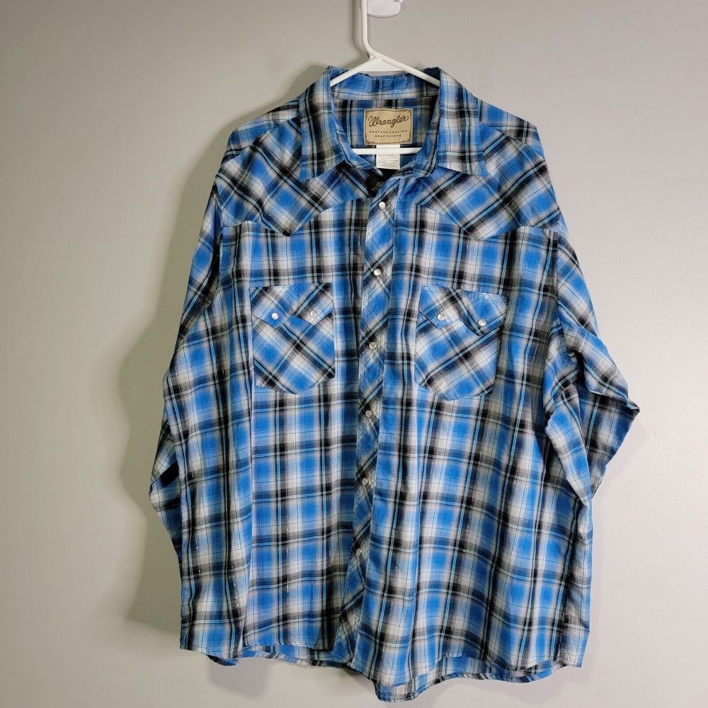 Wrangler Western Pearl Snap Shirt Mens 2XL Blue Plaid Metallic Longsleeve Cowboy